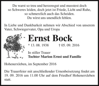 Traueranzeige von Ernst Bock  von Magdeburger Volksstimme