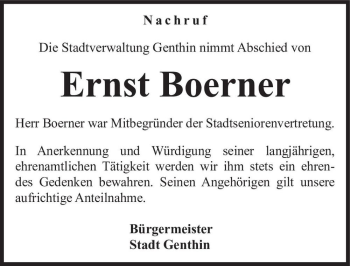 Traueranzeige von Ernst Boerner  von Magdeburger Volksstimme