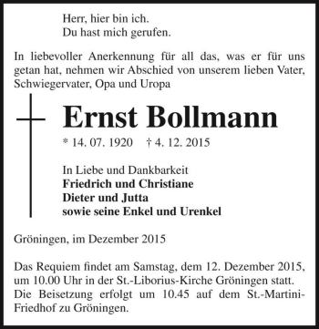 Traueranzeige von Ernst Bollmann  von Magdeburger Volksstimme