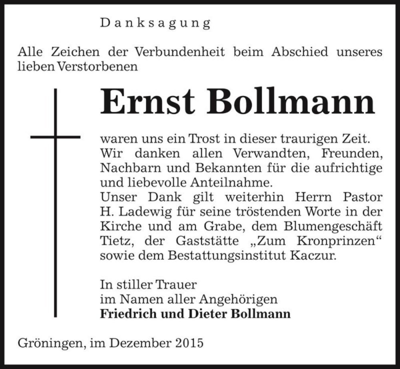  Traueranzeige für Ernst Bollmann  vom 18.12.2015 aus Magdeburger Volksstimme