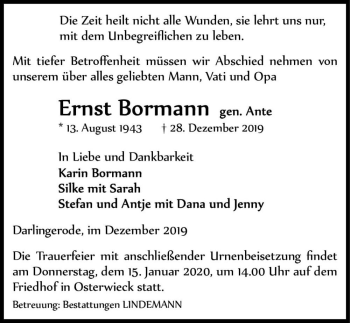 Traueranzeige von Ernst Bormann (geb. Ante)  von Magdeburger Volksstimme