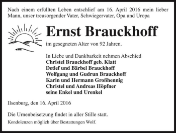 Traueranzeige von Ernst Brauckhoff  von Magdeburger Volksstimme