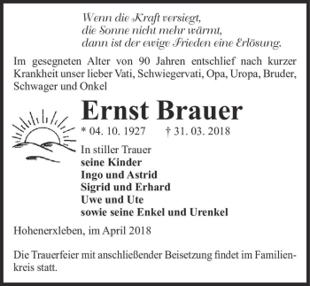 Traueranzeige von Ernst Brauer  von Magdeburger Volksstimme