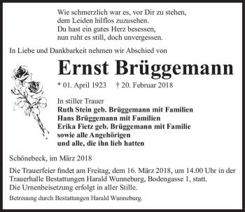 Traueranzeige von Ernst Brüggemann  von Magdeburger Volksstimme