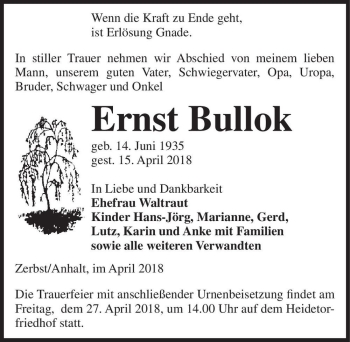 Traueranzeige von Ernst Bullok  von Magdeburger Volksstimme