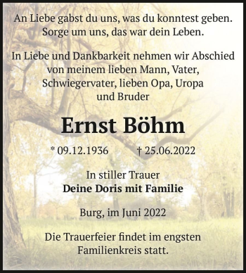 Traueranzeige von Ernst Böhm  von Magdeburger Volksstimme