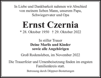 Traueranzeige von Ernst Czernia  von Magdeburger Volksstimme