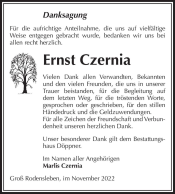 Traueranzeige von Ernst Czernia  von Magdeburger Volksstimme