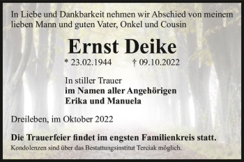 Traueranzeige von Ernst Deike  von Magdeburger Volksstimme