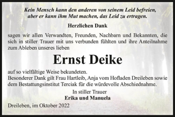 Traueranzeige von Ernst Deike  von Magdeburger Volksstimme
