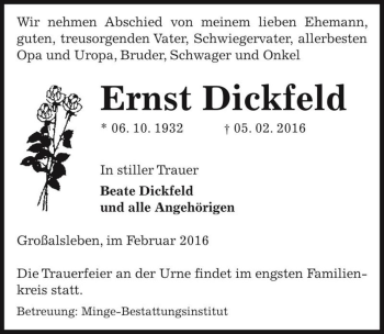 Traueranzeige von Ernst Dickfeld  von Magdeburger Volksstimme