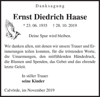 Traueranzeige von Ernst Diedrich Haase  von Magdeburger Volksstimme