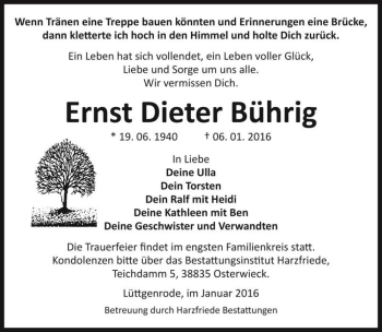 Traueranzeige von Ernst Dieter Bührig  von Magdeburger Volksstimme