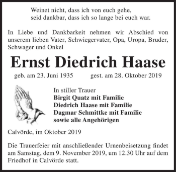 Traueranzeige von Ernst Dietrich Haase  von Magdeburger Volksstimme