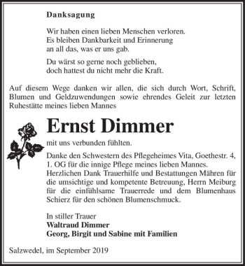 Traueranzeige von Ernst Dimmer  von Magdeburger Volksstimme