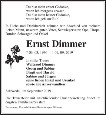 Traueranzeige von Ernst Dimmer  von Magdeburger Volksstimme