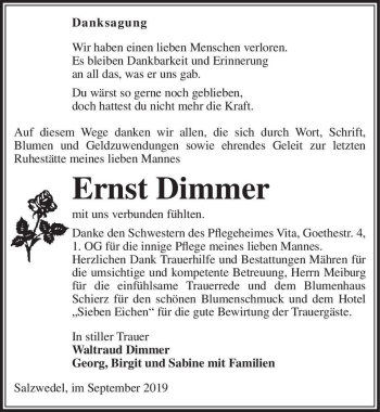 Traueranzeige von Ernst Dimmer  von Magdeburger Volksstimme