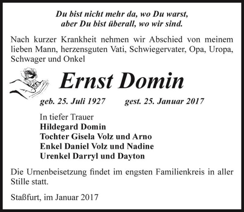  Traueranzeige für Ernst Domin  vom 28.01.2017 aus Magdeburger Volksstimme
