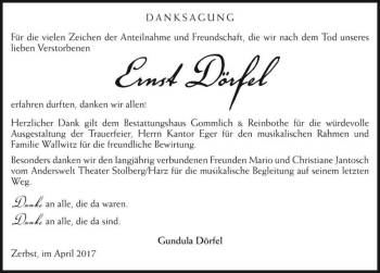 Traueranzeige von Ernst Dörfel  von Magdeburger Volksstimme