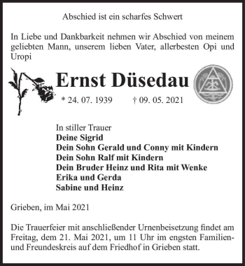 Traueranzeige von Ernst Düsedau  von Magdeburger Volksstimme
