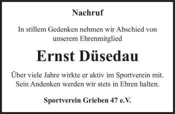 Traueranzeige von Ernst Düsedau  von Magdeburger Volksstimme
