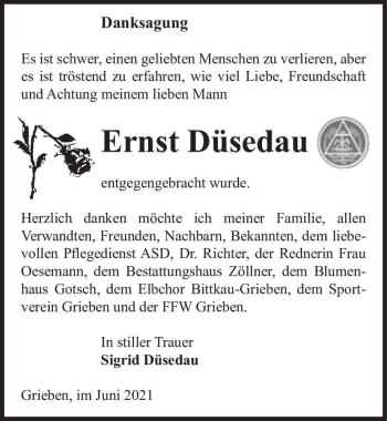Traueranzeige von Ernst Düsedau  von Magdeburger Volksstimme