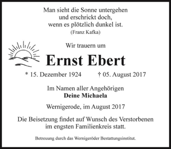 Traueranzeige von Ernst Ebert  von Magdeburger Volksstimme