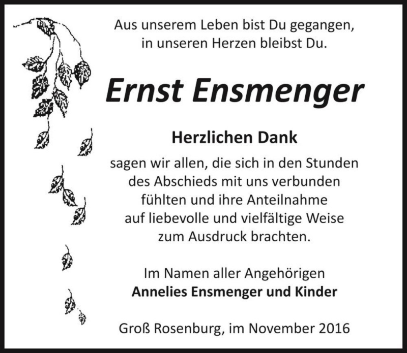  Traueranzeige für Ernst Ensmenger  vom 03.12.2016 aus Magdeburger Volksstimme