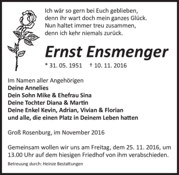 Traueranzeige von Ernst Ensmenger  von Magdeburger Volksstimme