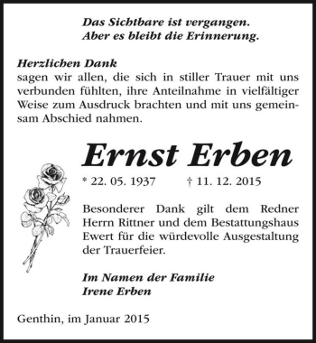 Traueranzeige von Ernst Erben  von Magdeburger Volksstimme