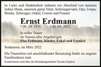 Traueranzeige von Ernst Erdmann  von Magdeburger Volksstimme