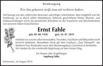 Traueranzeige von Ernst Fahle  von Magdeburger Volksstimme