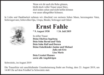 Traueranzeige von Ernst Fahle  von Magdeburger Volksstimme