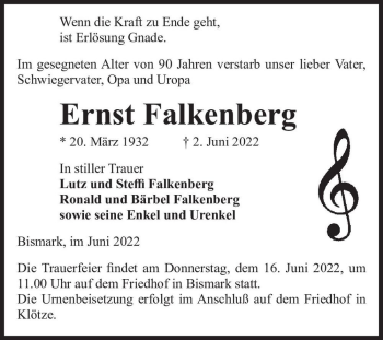 Traueranzeige von Ernst Falkenberg  von Magdeburger Volksstimme