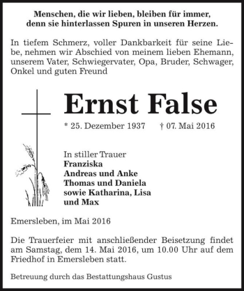 Traueranzeige von Ernst False  von Magdeburger Volksstimme