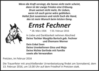 Traueranzeige von Ernst Fechner  von Magdeburger Volksstimme