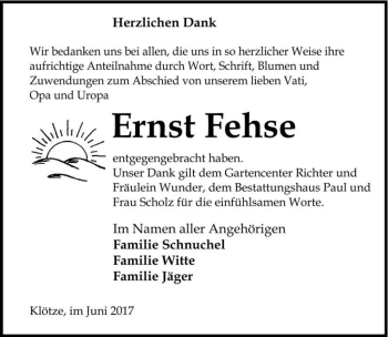 Traueranzeige von Ernst Fehse  von Magdeburger Volksstimme