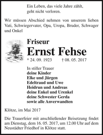 Traueranzeige von Ernst Fehse  von Magdeburger Volksstimme