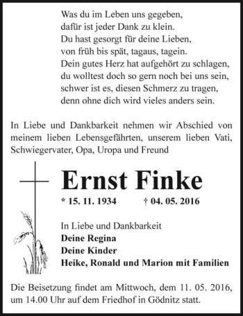 Traueranzeige von Ernst Finke  von Magdeburger Volksstimme