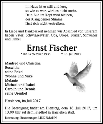 Traueranzeige von Ernst Fischer  von Magdeburger Volksstimme