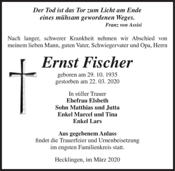 Traueranzeige von Ernst Fischer  von Magdeburger Volksstimme