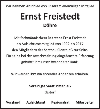 Traueranzeige von Ernst Freistedt  von Magdeburger Volksstimme
