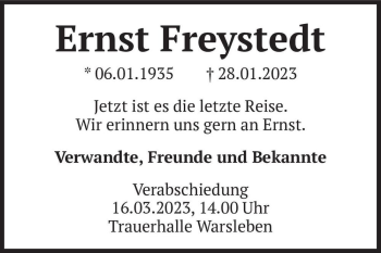 Traueranzeige von Ernst Freystedt  von Magdeburger Volksstimme