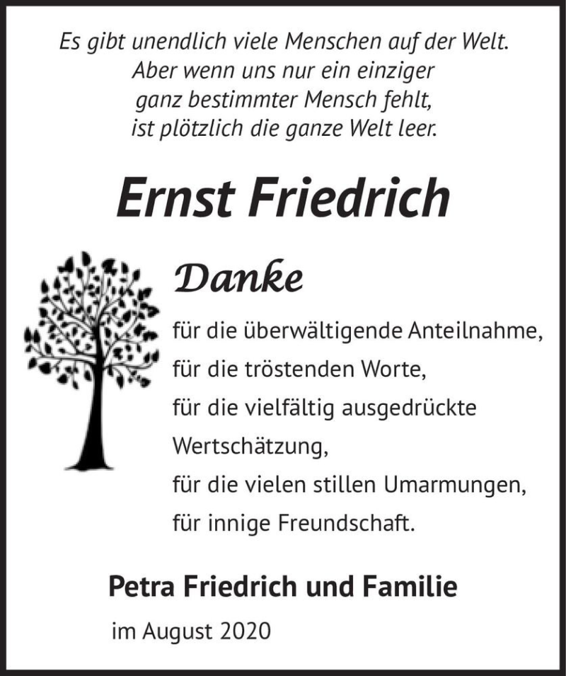  Traueranzeige für Ernst Friedrich  vom 22.08.2020 aus Magdeburger Volksstimme