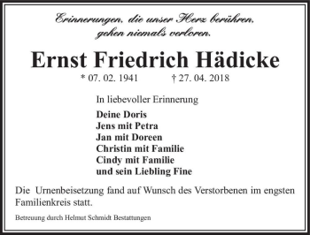 Traueranzeige von Ernst Friedrich Hädicke  von Magdeburger Volksstimme