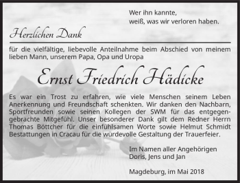 Traueranzeige von Ernst Friedrich Hädicke  von Magdeburger Volksstimme
