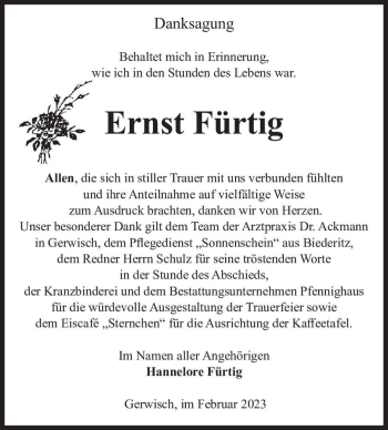 Traueranzeige von Ernst Fürtig  von Magdeburger Volksstimme