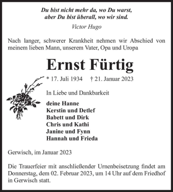 Traueranzeige von Ernst Fürtig  von Magdeburger Volksstimme