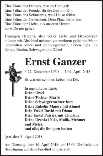 Traueranzeige von Ernst Ganzer  von Magdeburger Volksstimme