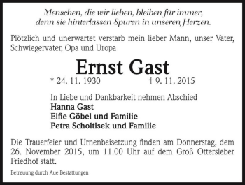 Traueranzeige von Ernst Gast  von Magdeburger Volksstimme